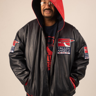 Kawtion / Fallen Angelz ENT / Acid Trap Muzik Sheep Leather Custom Jacket - Navy blue & Red T-Shirt